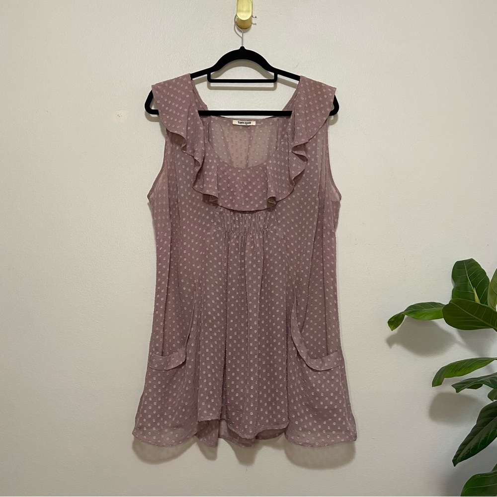 Daniel Rainn Pink Polka Dot Swiss Dot Ruffle Babydoll Crewneck Tunic Top